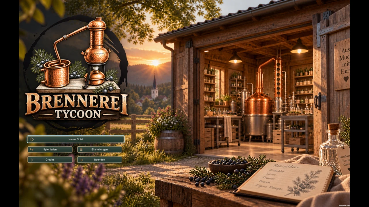 Hauptmenü von Brennerei Tycoon mit Spiel-Logo, kupfernen Brennblasen in einer hölzernen Brennerei bei Sonnenuntergang und deutschen Menübuttons.